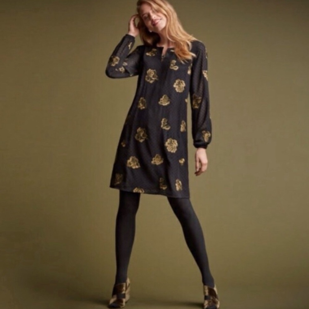 Cabi Black & Gold embroidered rose w/ Swiss dot detail - holiday cocktail dress